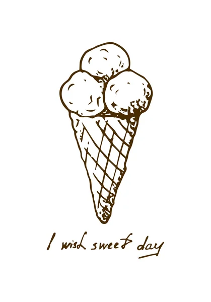 Ilustración de un cono de helado. Helado con un deseo. Postal en blanco y negro . — Archivo Imágenes Vectoriales