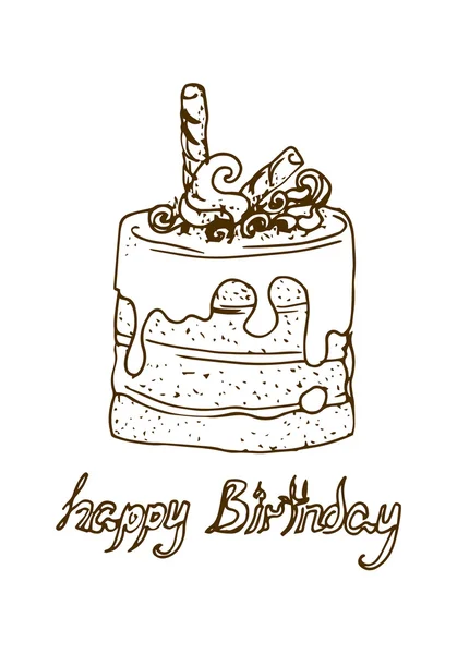 Ilustración. Pastel con chocolate. Feliz Cumpleaños. Negro y blanco — Vector de stock