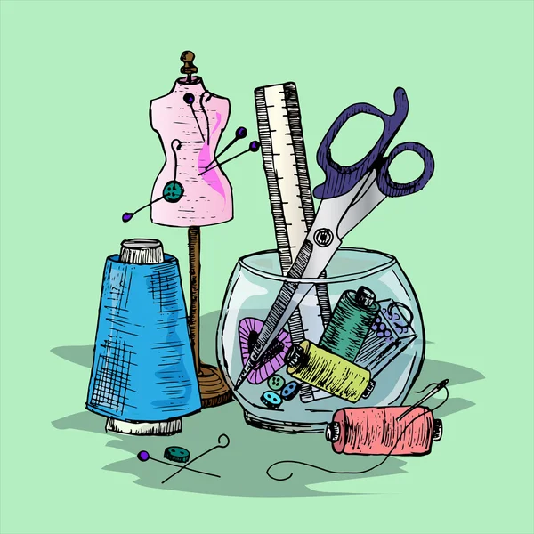 Illustration of Sewing accessories on the desktop Vector Graphics