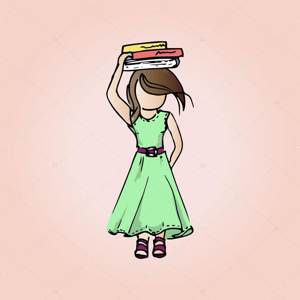 Illustration pretty modest girl with books. Student girl on vacation.