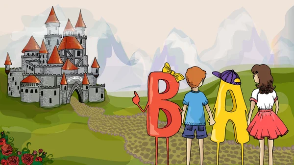 ภาพประกอบทางการศึกษา เด็กและ ABC เด็กที่มีตัวอักษรไปที่ปราสาทเพื่อรับความรู้ . — ภาพเวกเตอร์สต็อก