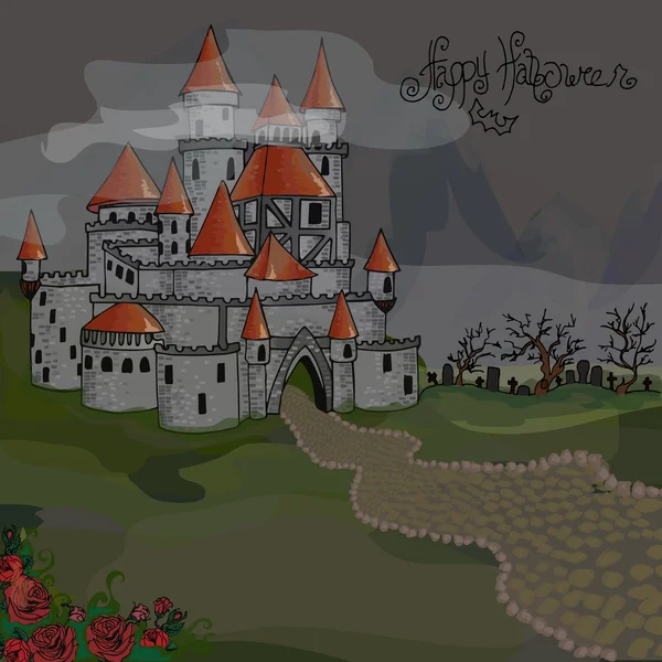 Illustration von Halloween. Burg im Dunkeln. — Stockvektor