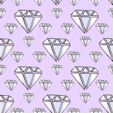 Resimde mücevherler. Pırlanta ve elmas mor bir arka plan üzerinde. Seamless modeli.