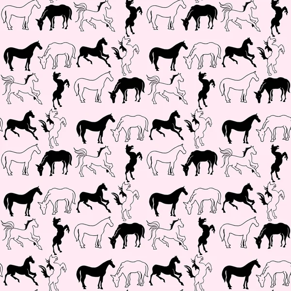 Illustration of the horse. Seamless pattern. Mustangs on a pink  background. — Stock Vector