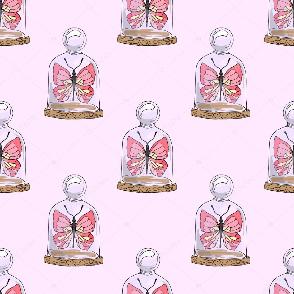 Illustration of pink butterflies in the dome. Seamless pattern.