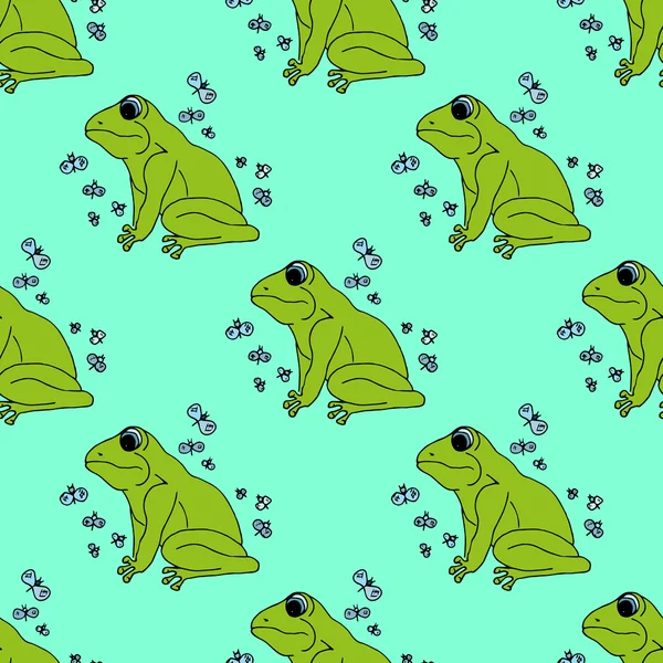 Illustration grenouille verte avec des papillons, fond. Modèle sans couture . — Image vectorielle