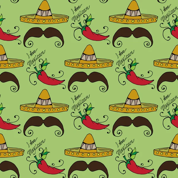 Ilustração do México. Chapéu sombrero e bigode masculino. Padrão sem costura . — Vetor de Stock