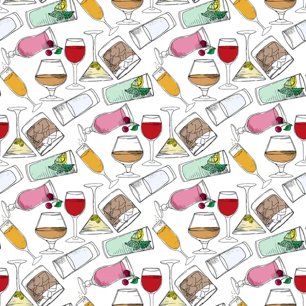 Ilustración de bebidas alcohólicas y no alcohólicas. Bebidas en el bar. Patrón sin costura . — Vector de stock