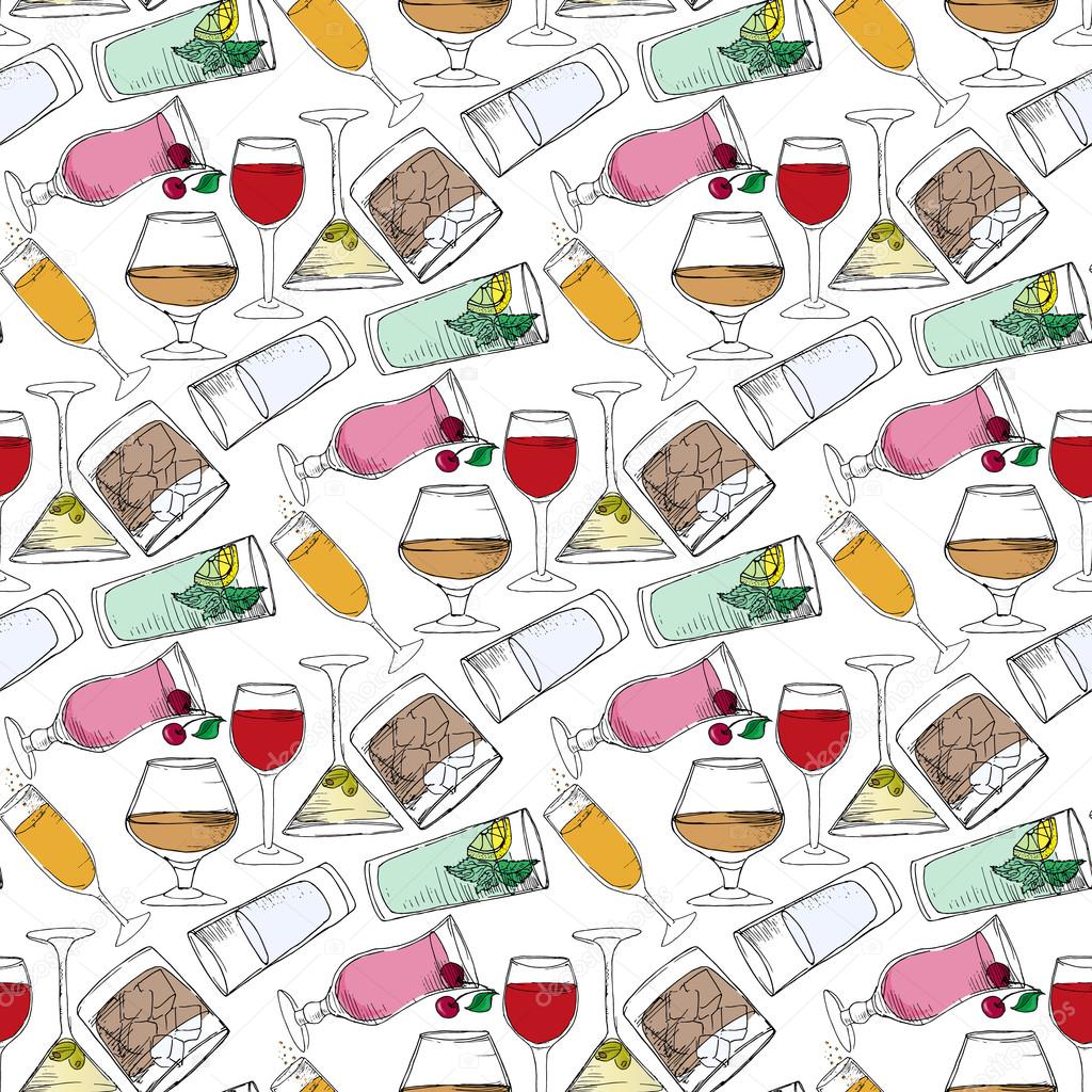Illustration of alcoholic and non-alcoholic beverages. Drinks at the bar. Seamless pattern.
