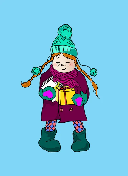 Illustrazione di una ragazza con le trecce. Vacanze invernali. Un bambino con lettere e regali . — Vettoriale Stock