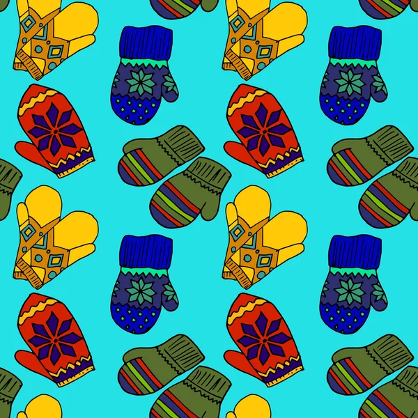 Illustration of colorful mittens. Beautiful winter clothing. Seamless pattern. — Stock Vector