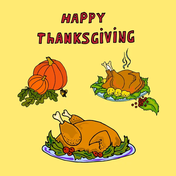Illustration fried turkey and pumpkin. Thanksgiving card. — Stock Vector