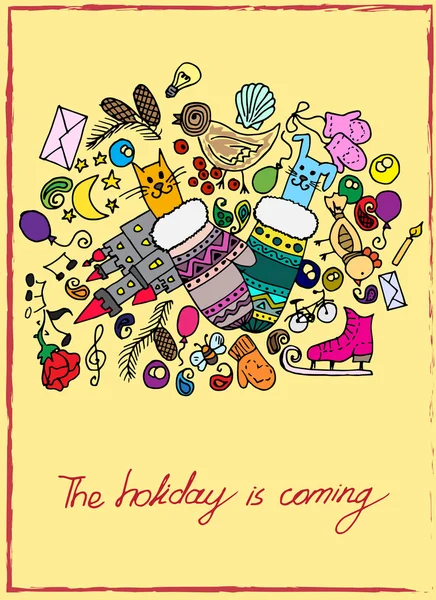 Ilustración de artículos navideños. Las vacaciones y la diversión. Postal alegre y colorida . — Vector de stock