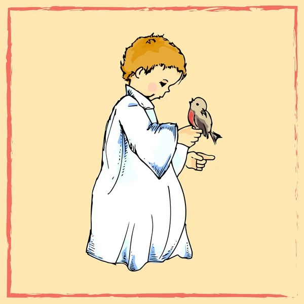 Ilustração de férias. Um anjinho com um pássaro. Cartão de Natal . — Vetor de Stock