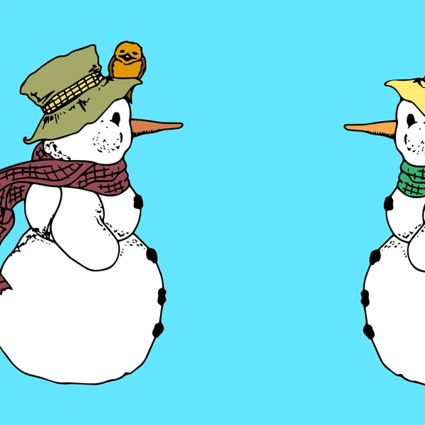 Illustrazione di Natale. Pupazzo di neve con sciarpa e cappello. Biglietto di Natale . — Vettoriale Stock