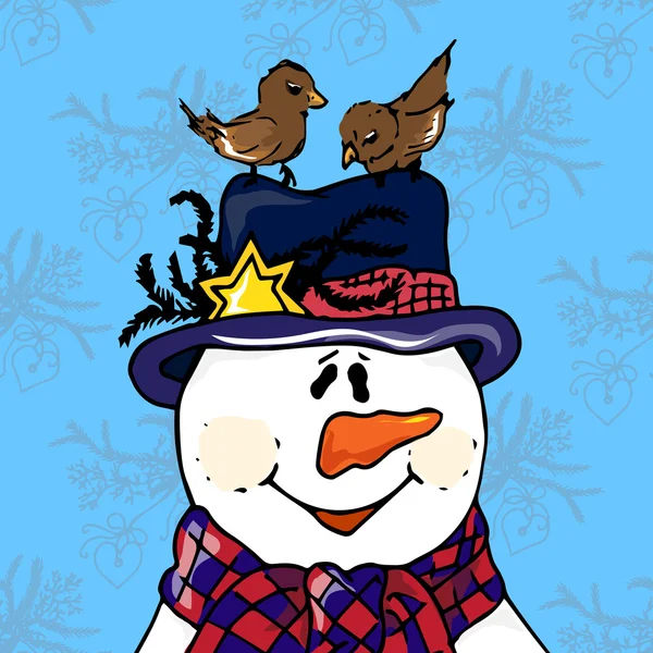 Illustrazione di Natale. Pupazzo di neve con uccelli nel cappello. Biglietto di Natale . — Vettoriale Stock