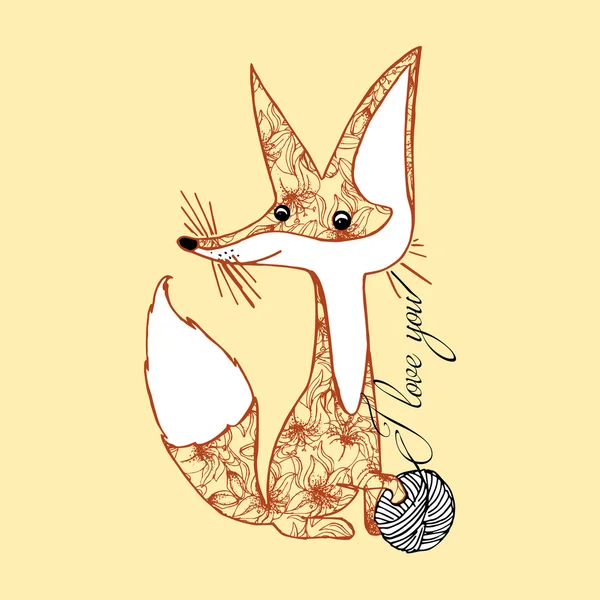 Иллюстрация лисы. Животное с клубком пряжи. Я люблю тебя. — стоковый вектор