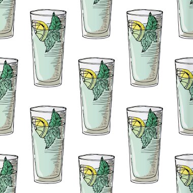 Painted illustration with drinks. Glass of red wine. Seamless pattern.