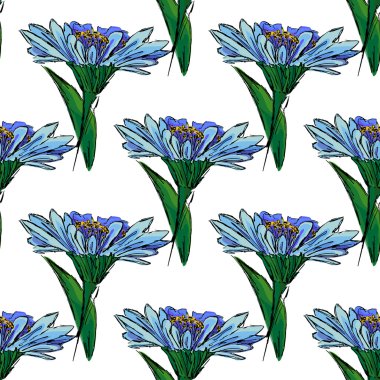 Illustration of a blue flower on a white background, hand drawing. Seamless pattern.