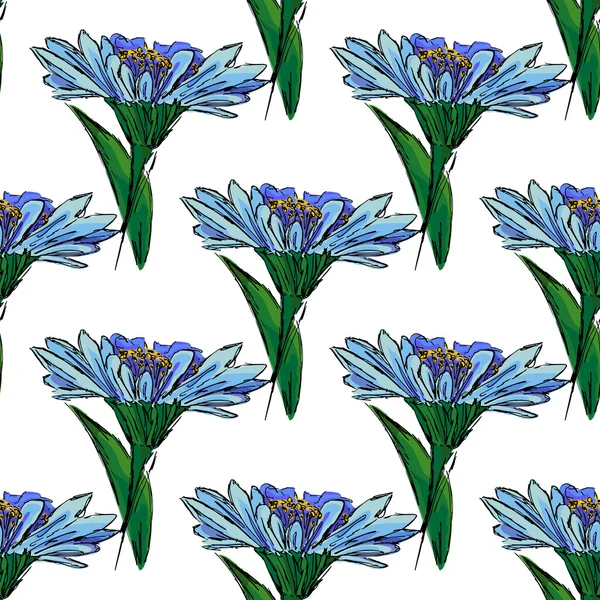 Illustration of a blue flower on a white background, hand drawing. Seamless pattern. — 图库矢量图片