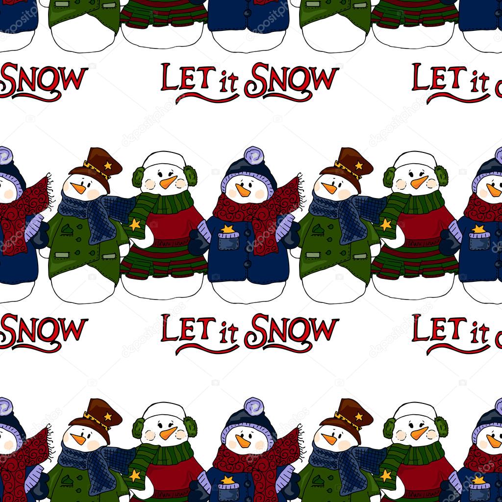 Holiday illustration. Christmas snowmen. New Year card. Winter figure. Seamless pattern.