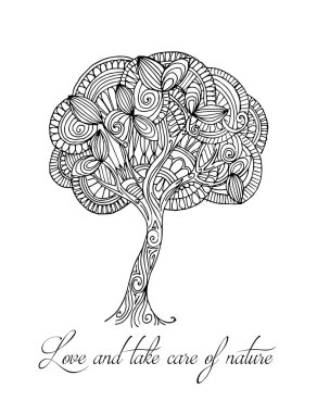 Elle çizilmiş resimler. Soyut siyah beyaz ağaç. Kartpostal aşk ve doğa kendine iyi bak.