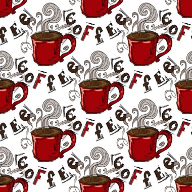 Elle çizilmiş resimler. Bir fincan kahve. Seamless modeli.