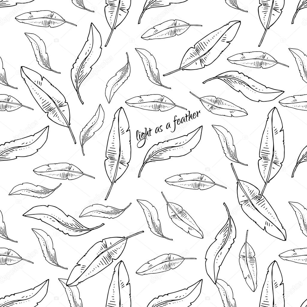 Painted illustration. Black and white feathers. Postcard light as a feather. Seamless pattern.