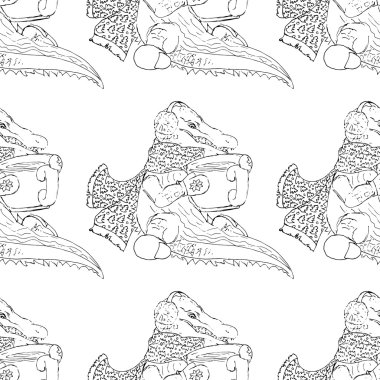 Elle çizilmiş resimler. Timsah çay içme. Seamless modeli.