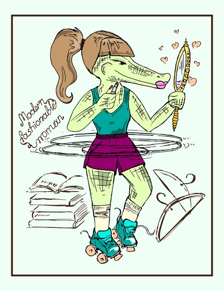 Ilustrações desenhadas à mão. Menina crocodilo na moda. Cartão postal motivacional . — Vetor de Stock