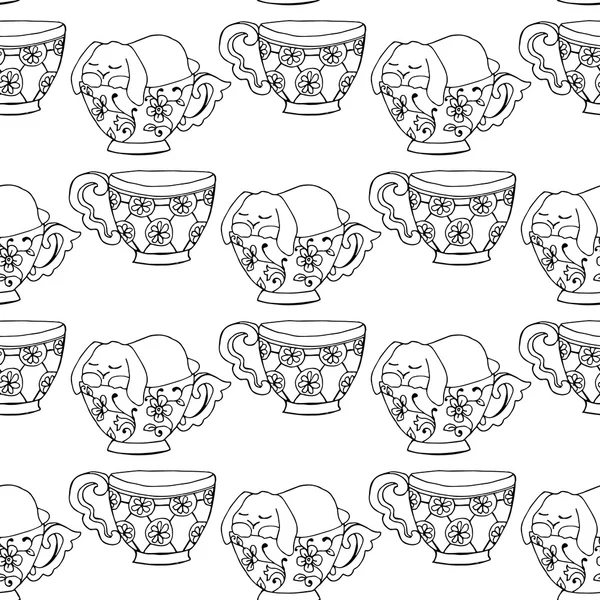 Hand-drawn illustrations. Black and white teacups. Postcard cute funny fell asleep in a cup. Seamless pattern. — Stock Vector