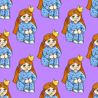 Elle çizilmiş resimler. Bir prenses ile kartı. Kızıl saçlı kız pijama. Prenses istemiyor uyku, bir prenses oynamak istiyorum! Seamless modeli.