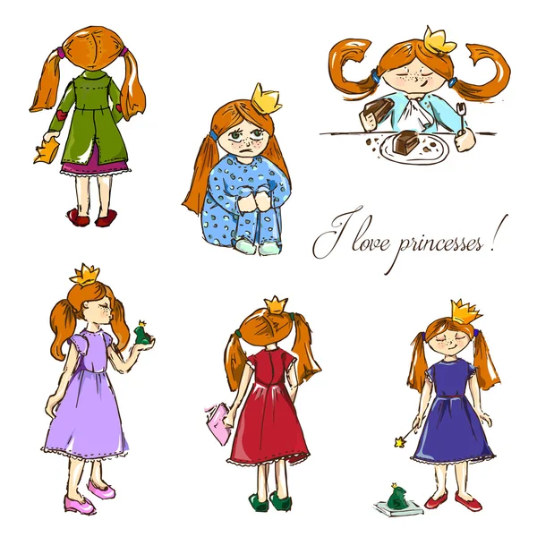 Ilustrações desenhadas à mão. Adoro princesas. Cartão postal com meninas vermelhas em coroas. Padrão sem costura . — Vetor de Stock