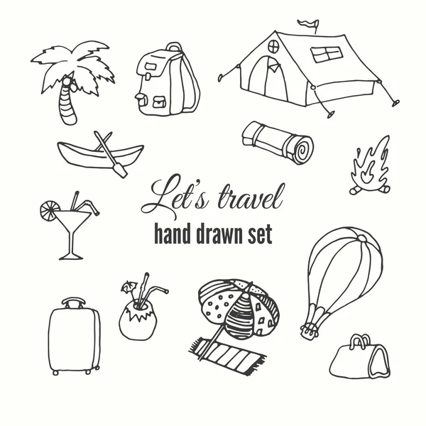 Travel elements set. Vector design of traveler elements. Trip hand sketched illustation. — Stock Vector