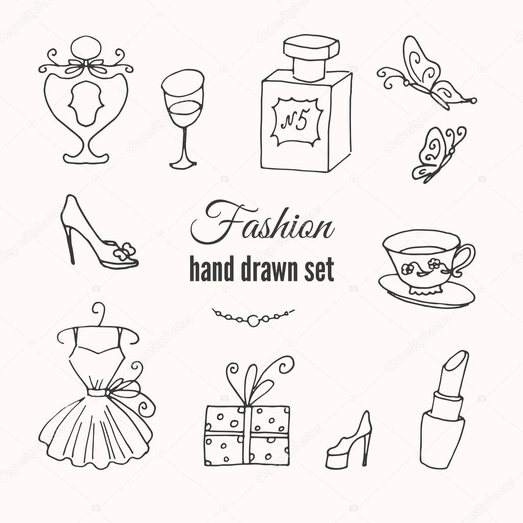 Vector fashion hand drawn elements set. Hand sketched collection of french style.