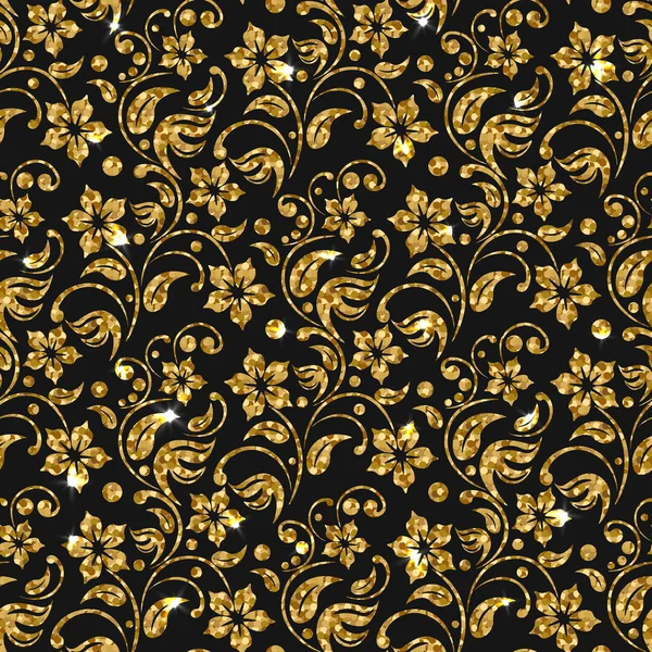 Vector sömlös damast mönster med blommor. Guld glitter mönster design. Gold floral bakgrund. — Stock vektor