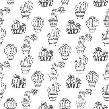 Kaktüs Dikişsiz desen illüstrasyon. Vektör etli ve kaktüsler çizilmiş seti ver. Kapı bitkilerde tencere.