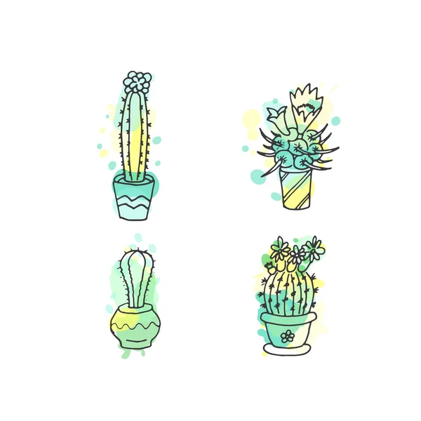 Sappige illustratie. Vector cactus hand getrokken set met verf spatten. Cactussen en in deur planten in potten. — Stockvector