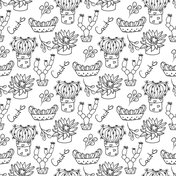 Kaktus bezešvé pattern ilustrace. Vektorové sukulentní a kaktusy ručně tažené sada. V dveře rostlin v květináčích. — Stockový vektor