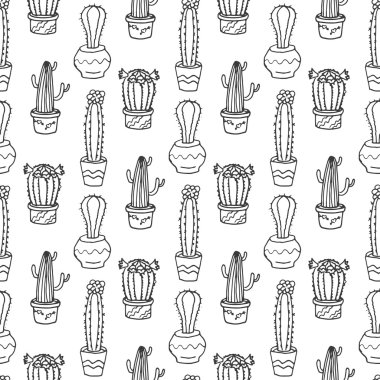 Kaktüs Dikişsiz desen illüstrasyon. Vektör etli ve kaktüsler çizilmiş seti ver. Kapı bitkilerde tencere.