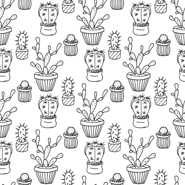 Cactus seamless pattern illustration. Vector succulent and cacti hand drawn set. In door plants in pots.