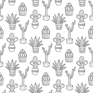 Kaktüs Dikişsiz desen illüstrasyon. Vektör etli ve kaktüsler çizilmiş seti ver. Kapı bitkilerde tencere.