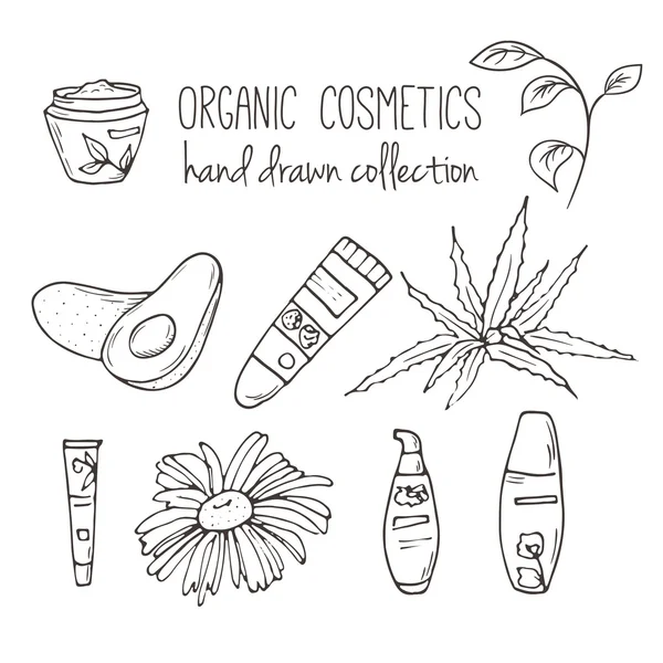 Vector kosmetika flaskor. Ekologisk kosmetika illustration. Doodle hud vård poster. Växtbaserade hand dras uppsättning. Spa element i knapphändiga stil. — Stock vektor