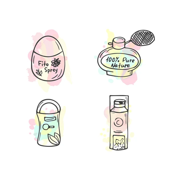 Ilustração de cosméticos orgânicos. Garrafas cosméticas vetoriais. Doodle itens de cuidados da pele. Conjunto desenhado à mão. Loção herbácea. Bio creme . —  Vetores de Stock