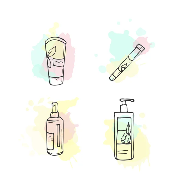 Ilustração de cosméticos orgânicos. Garrafas cosméticas vetoriais. Doodle itens de cuidados da pele. Conjunto desenhado à mão. Loção herbácea. Bio creme . —  Vetores de Stock