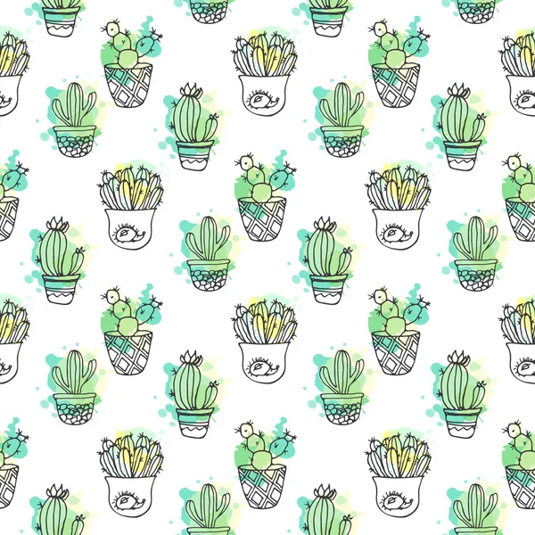 Bezešvá vektorová vzorek s kaktusy. Barevné pozadí s akvarel šplouchá a kaktusy. Sukulentní kolekce. — Stockový vektor