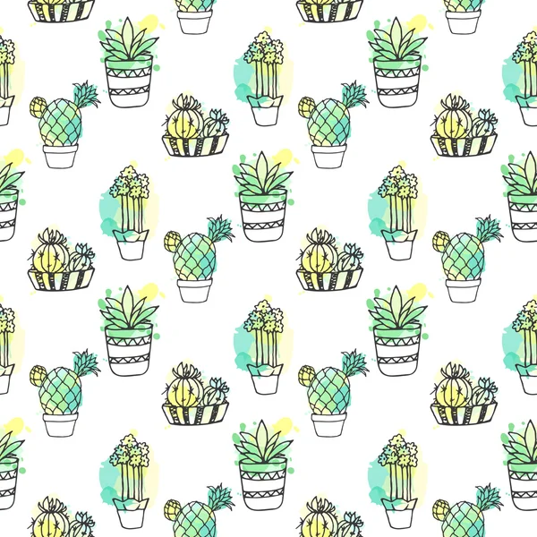 Patrón de vector sin costura con cactus. Fondo colorido con salpicaduras de acuarela y cactus. Colección suculenta . — Vector de stock