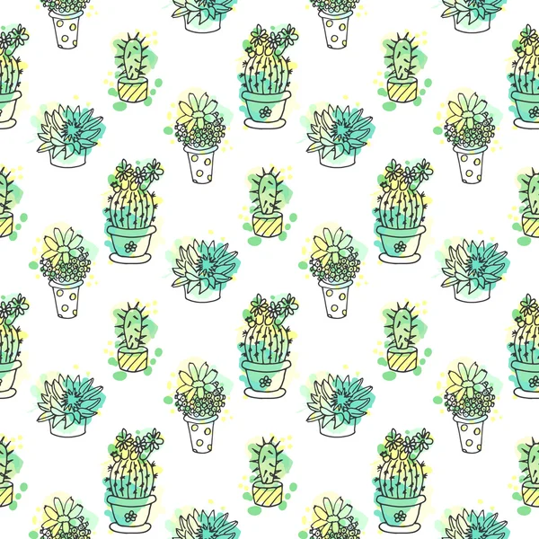 Seamless vector pattern with cactus. Colorful background with watercolor splashes and cacti. Succulent collection. — Stock Vector