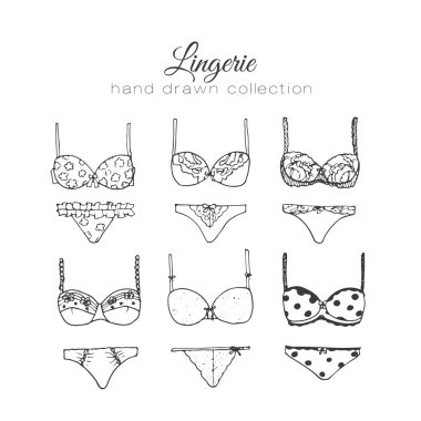 Vektör iç çamaşırı set. Seksi iç çamaşırı tasarım. Taslak el çizilen illüstrasyon. Sütyen ve külot doodle.