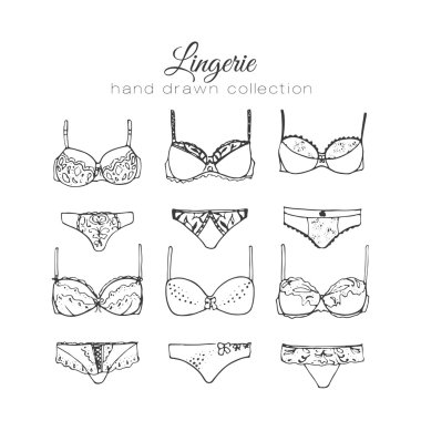 Vektör iç çamaşırı set. Seksi iç çamaşırı tasarım. Taslak el çizilen illüstrasyon. Sütyen ve külot doodle.